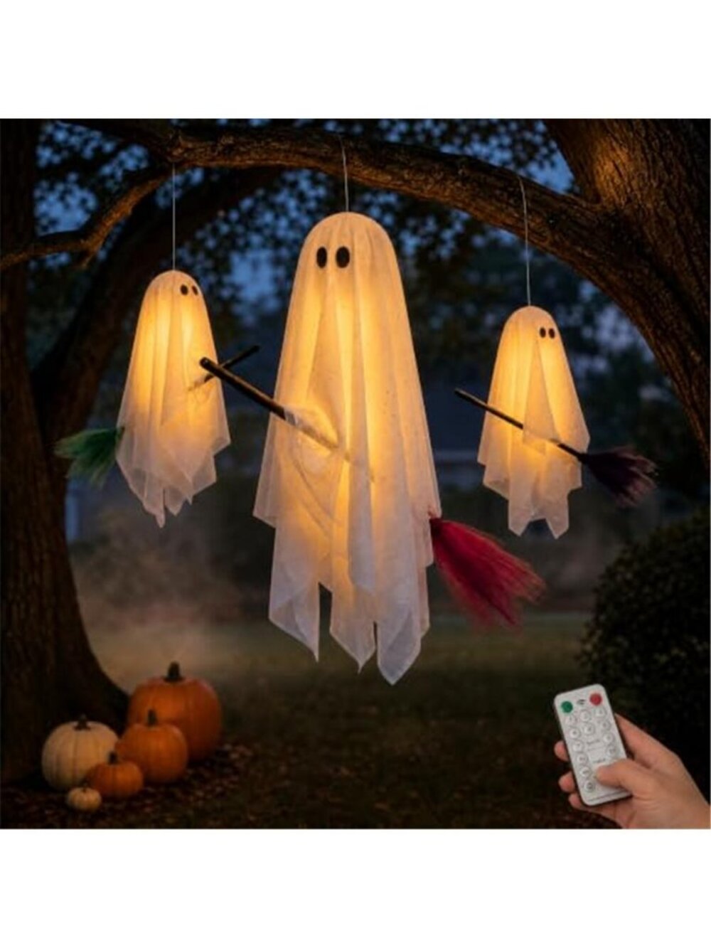 Halloween Decorations Outdoor, 3 Pack Hanging Light Up Ghosts on Brooms